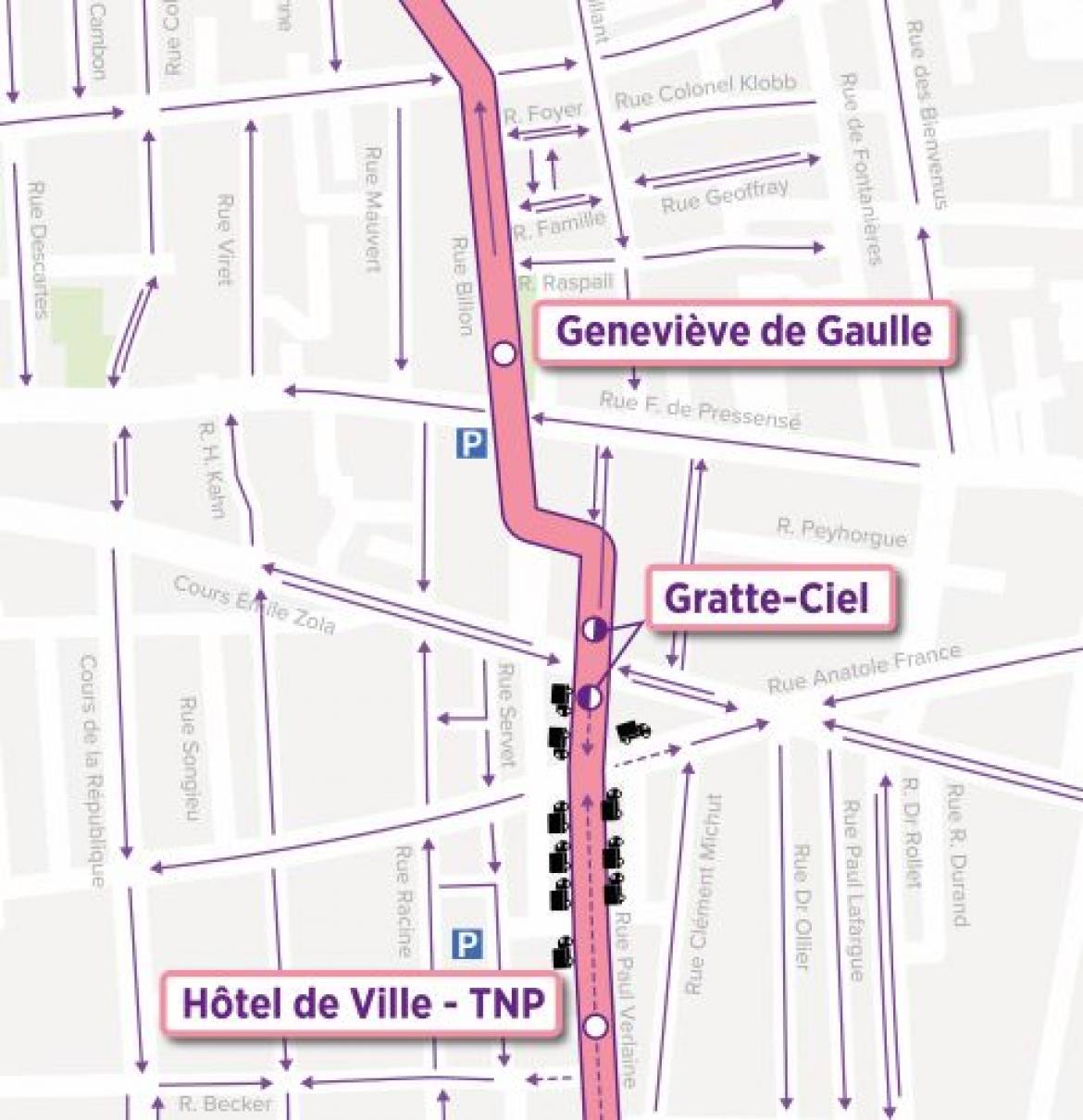 Plan de circulation entre les arrêts Geneviève de Gaulle et Hôtel de ville - TNP.